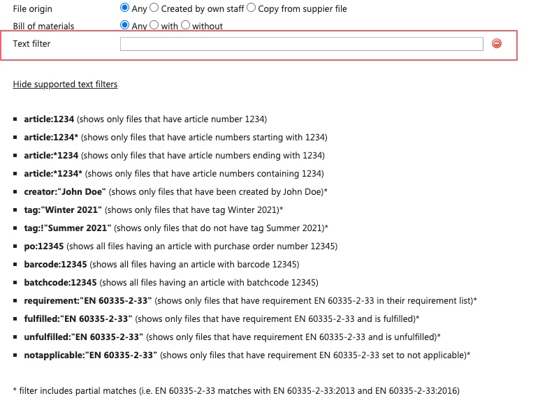 Technische Dateien Textfilter